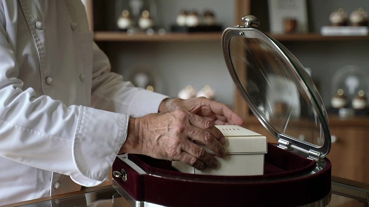 Lifting lid, chef in white jacket placing cream box into round display for presentation, copy space