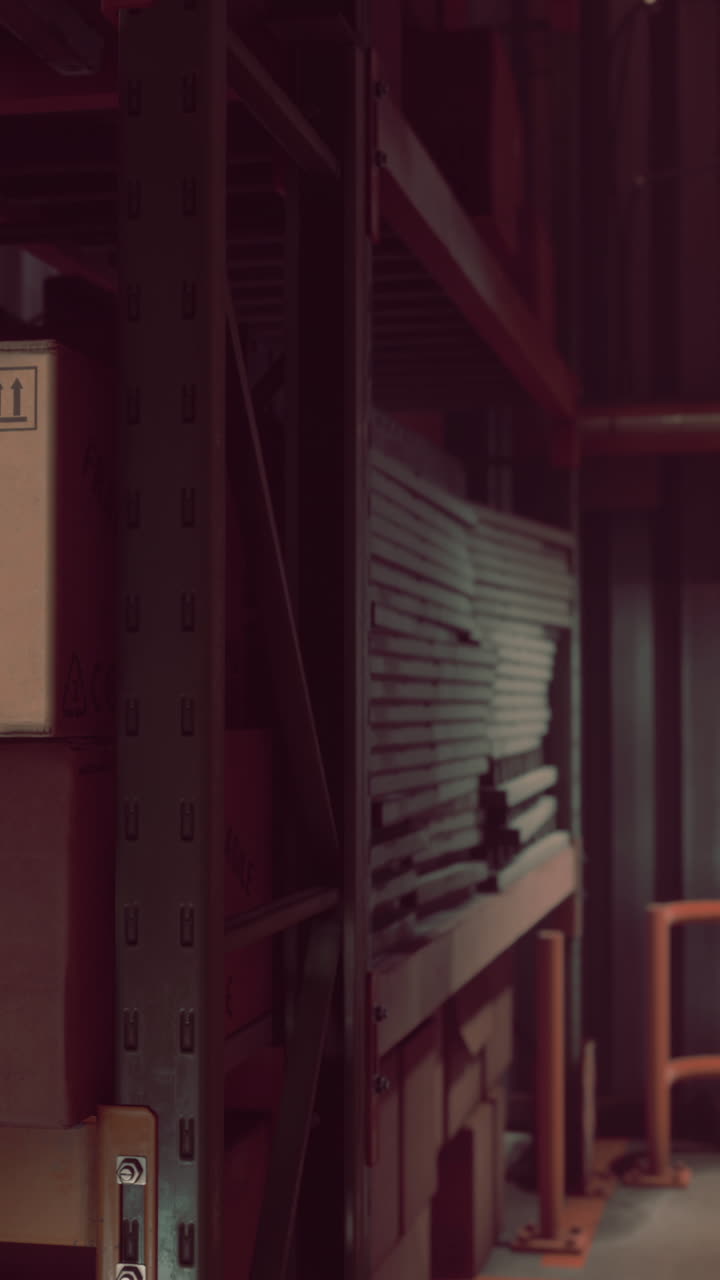 interior de almacén oscuro con estanterías metálicas y cajas apiladas