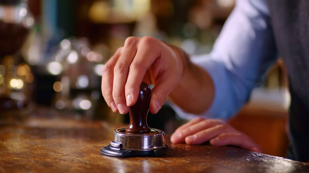 En dygtig barista tamper omhyggeligt friskmalet kaffe i et portafilter og forbereder det perfekte espresso shot med præcision og omhu i en hyggelig café.