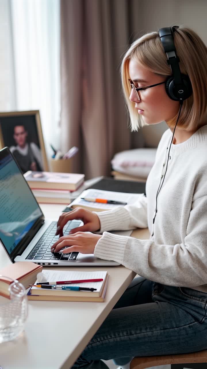 Kvindelig studerende med hovedtelefoner studerer på en bærbar computer i soveværelset.