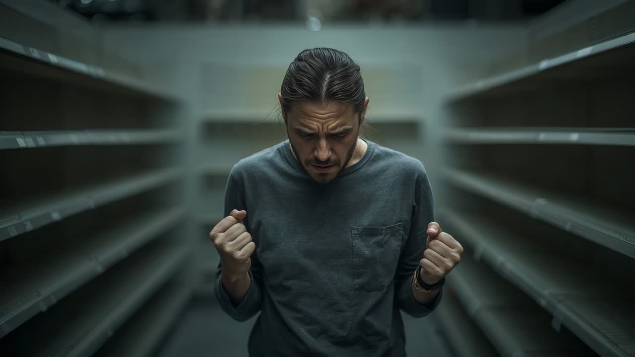 Showing man clenching fists pleading in frames in empty shelving aisle dark-gray shirt pocket watch
