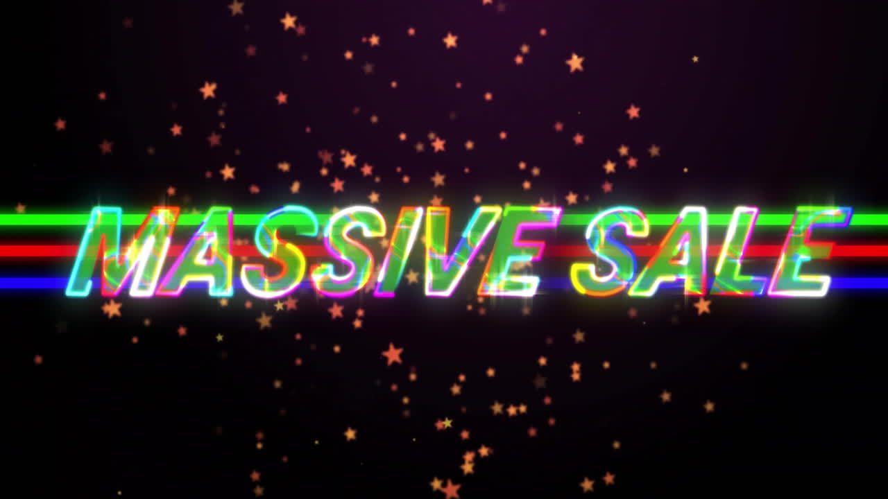 어두운 배경에 다채로운 별 위에 거대한 텍스트 애니메이션 판매