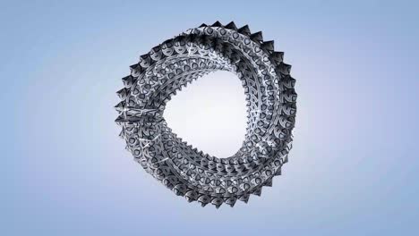 animación de bucle abstracto en 3d de una espiral retorcida hecha de cono de patrón de textura brillante con fondo de gradiente azul cielo.