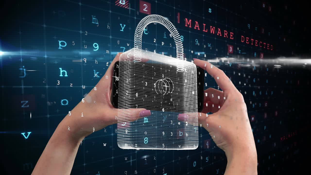 manos sosteniendo un teléfono inteligente contra conceptos e iconos de seguridad cibernética