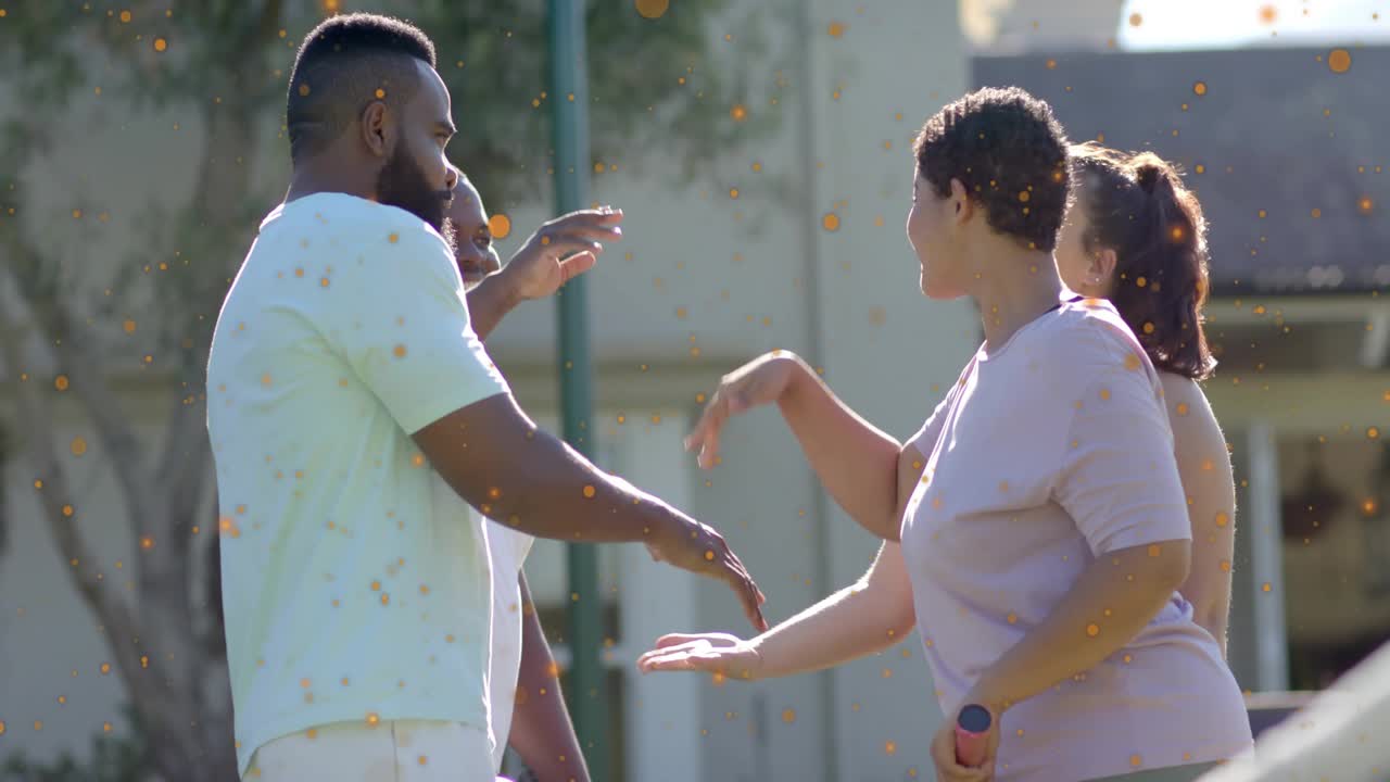 Left man gesturing, four sports players greeting via handshake at net orange overlay framing hands