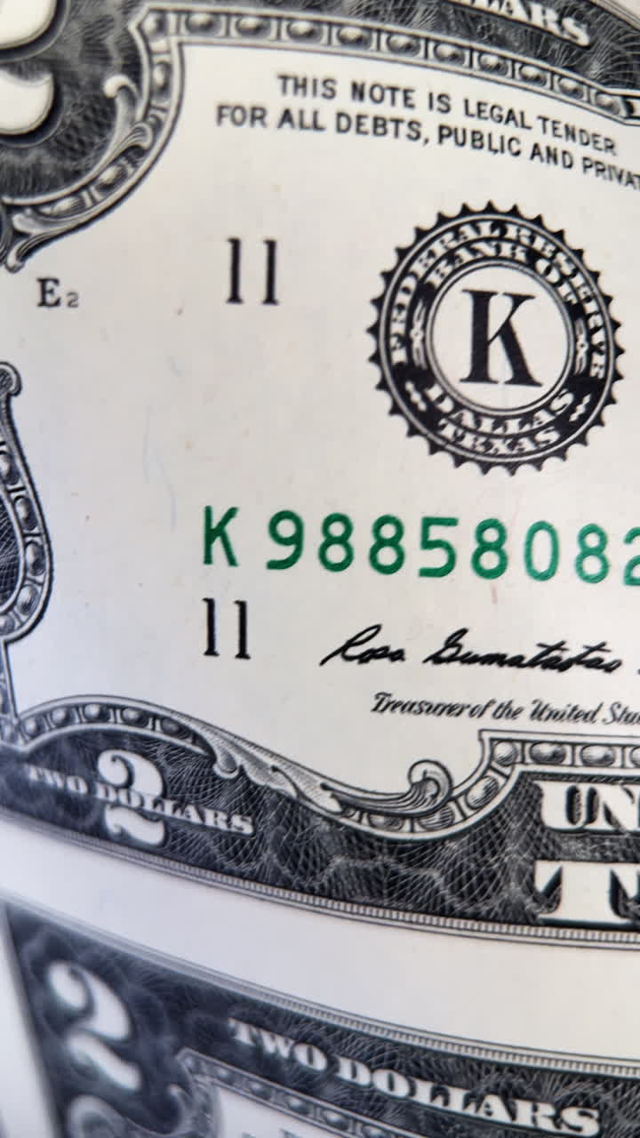 Primo piano estremo di banconote da due dollari stampate su un grande foglio non tagliato. Concetto di valuta americana. Video verticale.