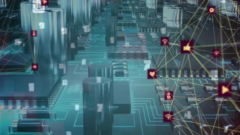 animation of data processing and network of connections with icons over computing board