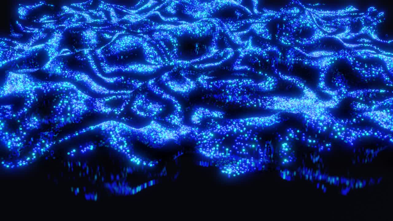 3d abstract blue sci-fi background. Luminous particles form wavy surface, waves of light and color runs through particles, forming beautiful pattern on surface. Modern motion design in nft style.