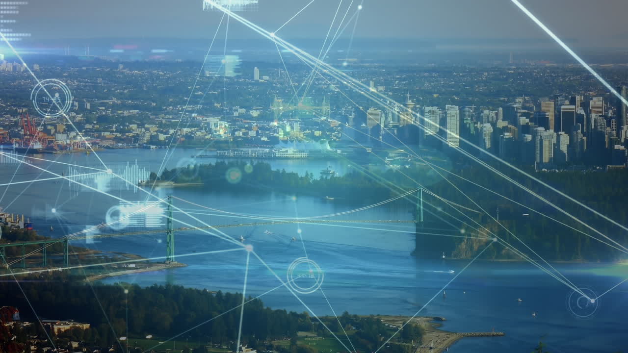 Animation of network of connections over cityscape