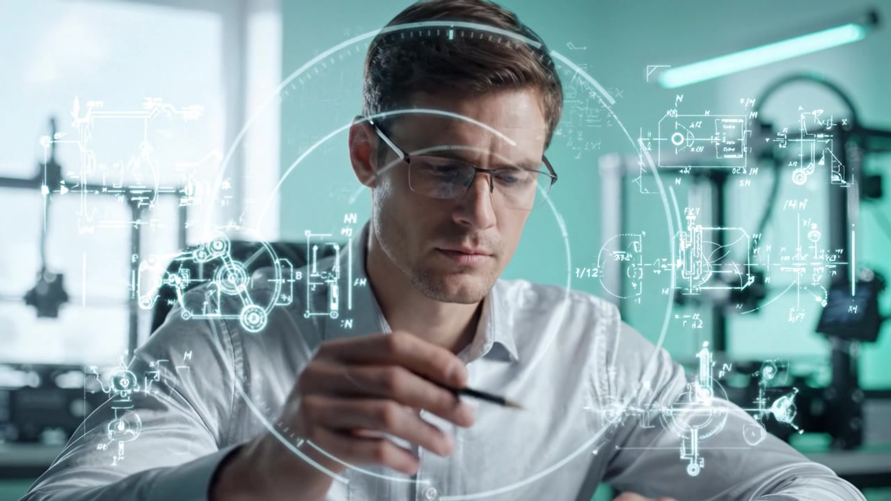 Un ingegnere concentrato che abbozza progetti innovativi in un ambiente di lavoro moderno ricco di tecnologia avanzata, evidenziando creatività e precisione nei processi di ingegneria.