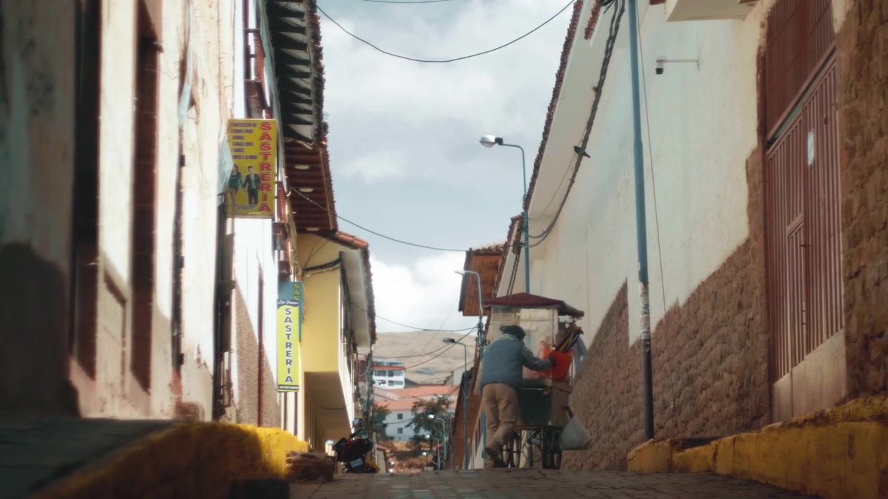 Street worker pushing his food cart.