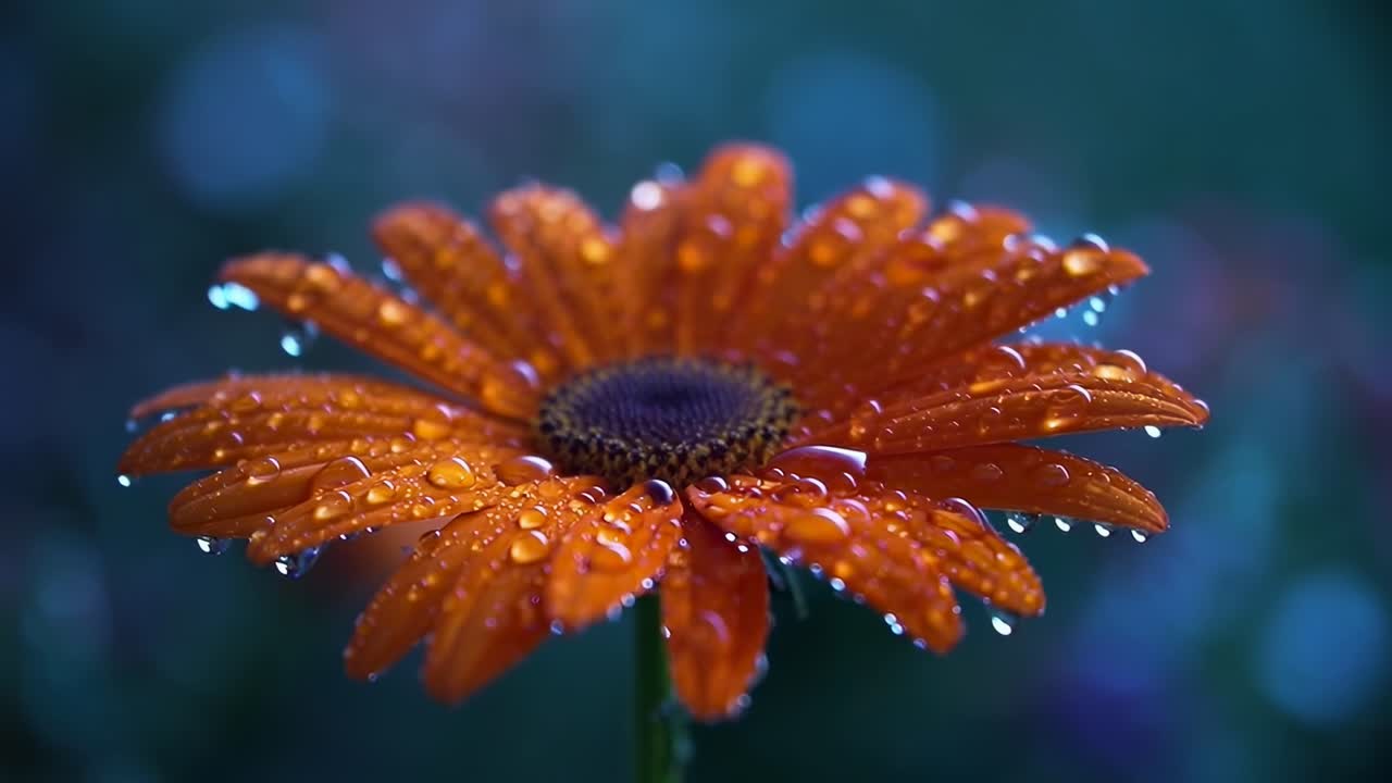 Primo piano di un fiore arancione con rugiada, scattato ad altezza occhi, simile a un'immagine fissa di un video naturalistico, Live