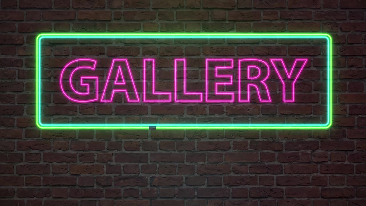 Animated pink neon gallery text within green frame flickering on dark textured brick background.