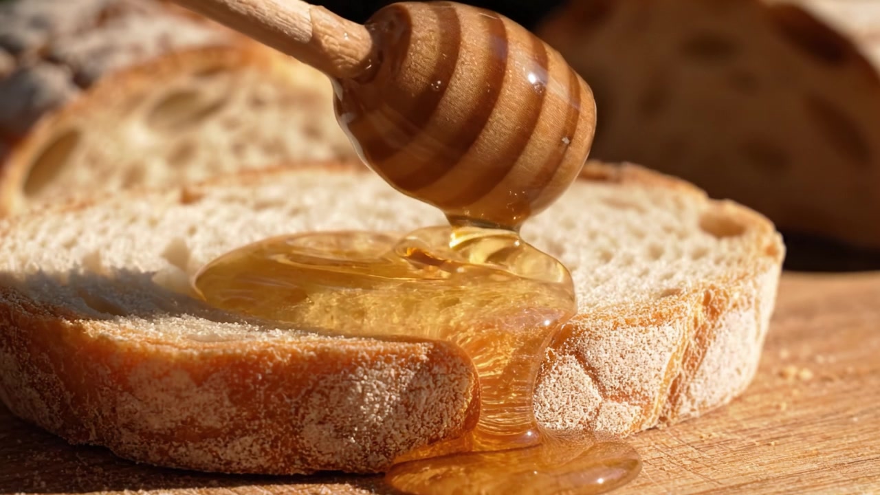 Delicious Honey Dripping onto Freshly Sliced Bread, Creating a Sweet and Tempting Breakfast Delight with Warm, Golden Flavor and Rich Texture.