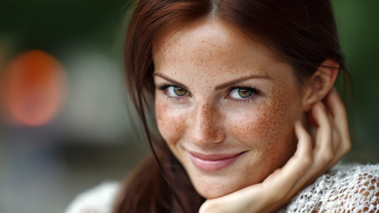 Captivating Beauty: A Close-Up Portrait of a Freckled Woman with Enchanting Green Eyes, Radiating Warmth and Charm Against a Softly Blurred Background