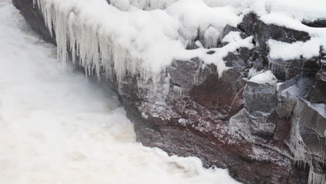 A-furious-winter-river,-frothy-and-turbulent,-pounds-against-the-rocky-riverbank