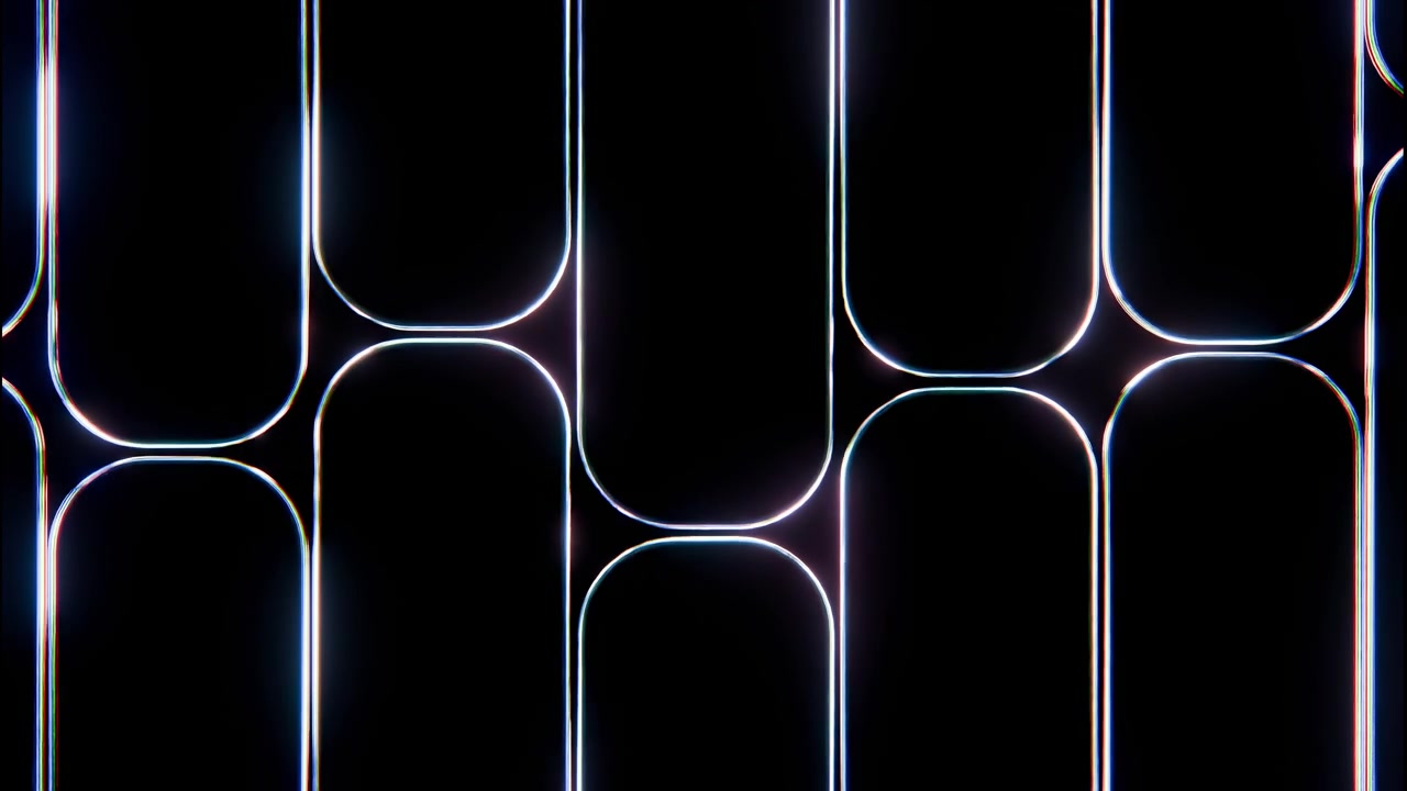Frontalt billede af gentagne afrundede rektangelkonturer i tynde neonbånd over dybt sort rum, der skaber elegant symmetri, blød glød, kromatisk kant og et moderne abstrakt design med neon og glød.
