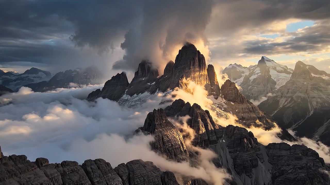 Picos de montaña elevándose entre las nubes a la hora dorada del atardecer