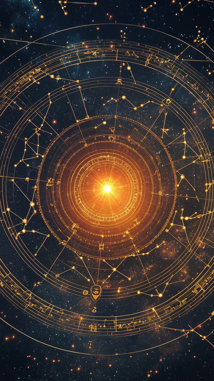 Carta astrologica dorata con centro luminoso nello spazio profondo