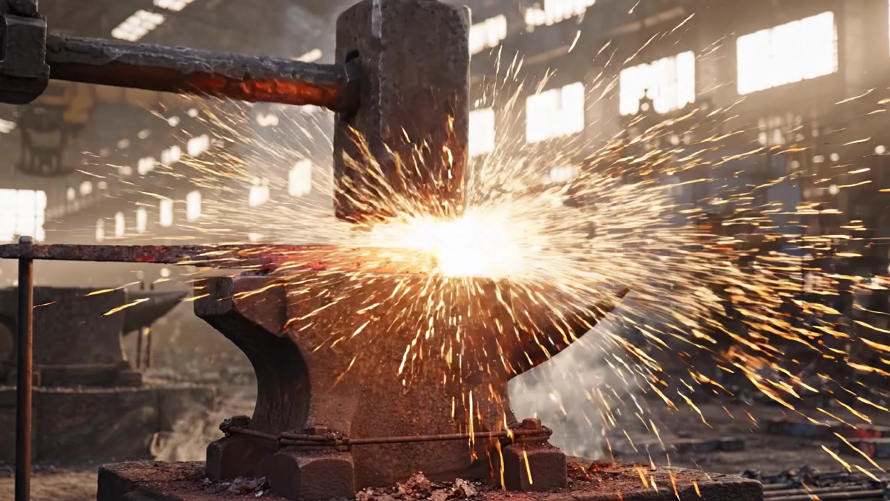 Proceso de Forja Industrial en un Taller: Martillo Golpeando Metal Caliente sobre un Yunque, Creando Chispas y Calor en un Entorno de Fabricación Ajetreado