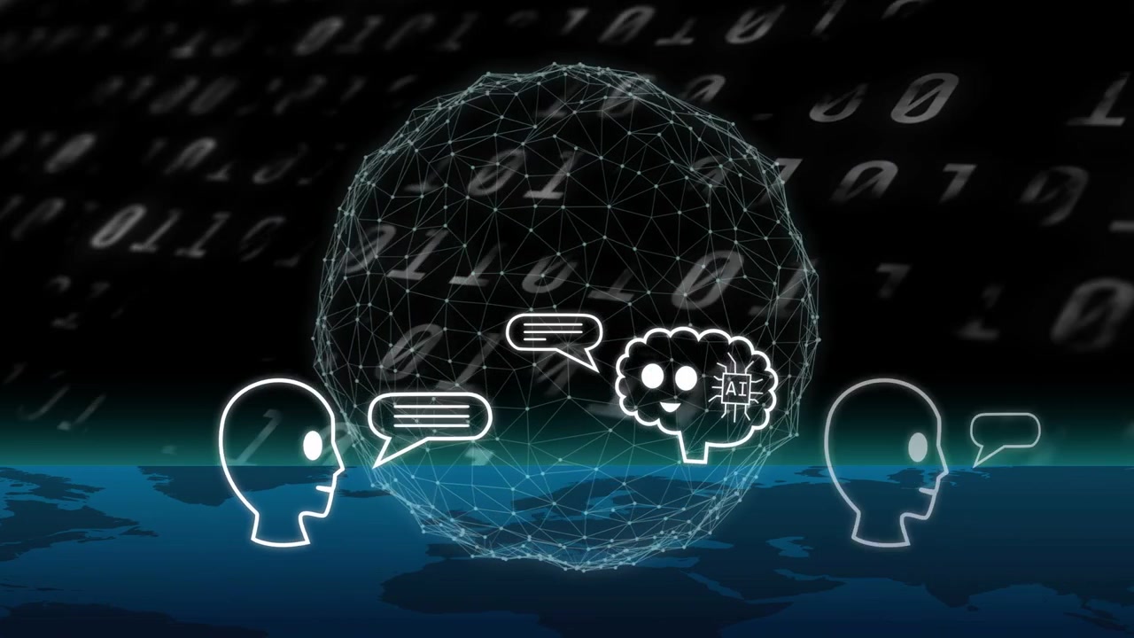 Wireframe orb rising over map, head popping AI brain reacting, chats exchanging, fading leaving orb