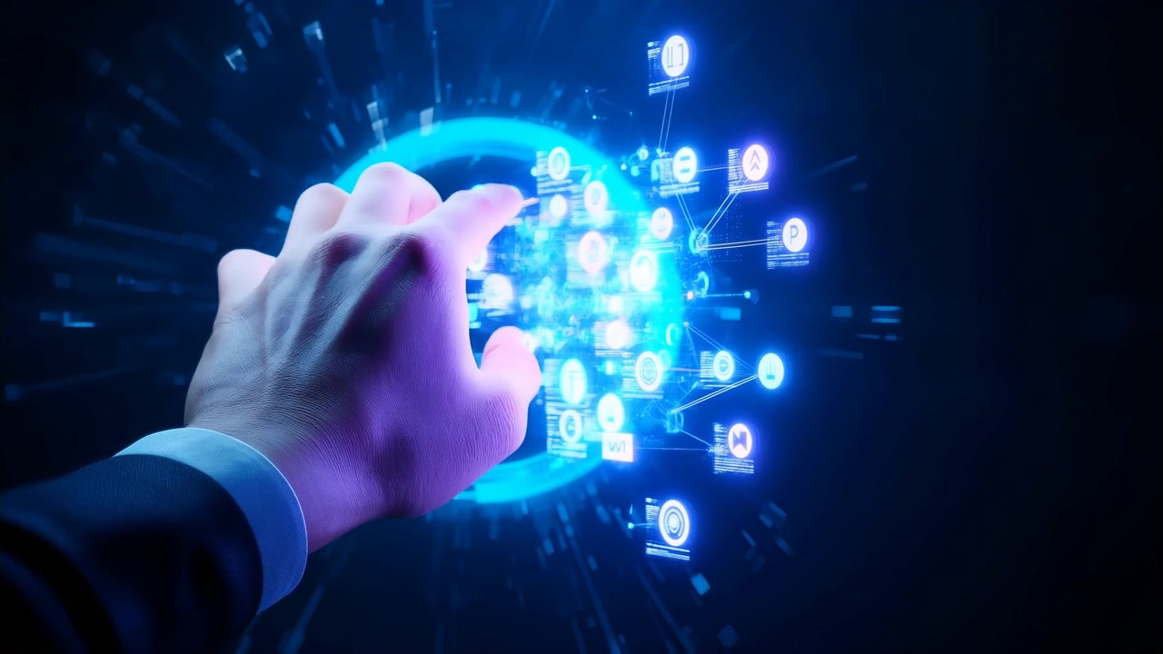Mano in polsino di giacca che si avvicina a un anello blu in un hub virtuale, formando icone e attivando nodi di dati.