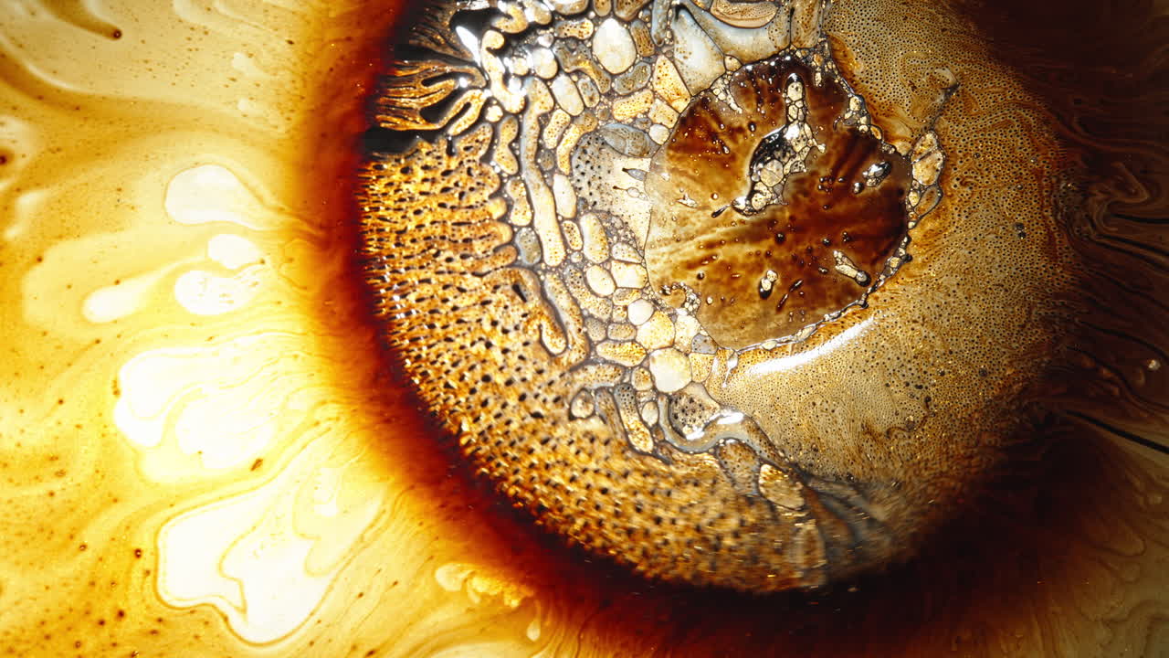 Golden and black liquids swirl and mix together in a mesmerizing macro shot