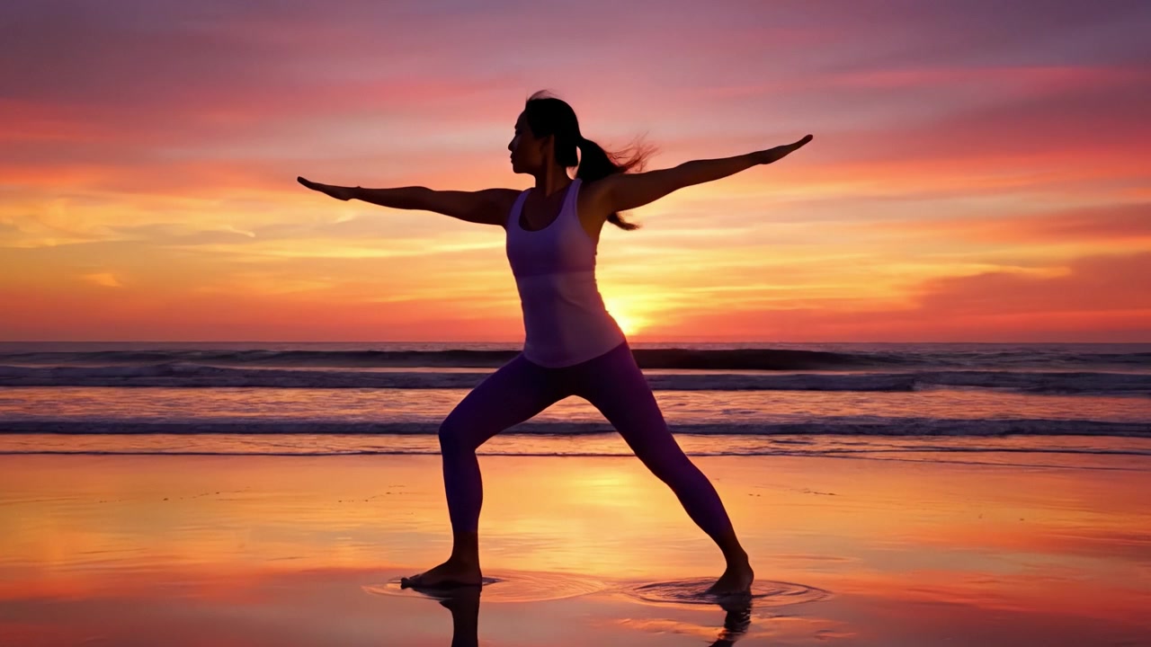 Una serena pratica yoga serale sulla spiaggia: abbracciare equilibrio e pace su uno sfondo di un bellissimo tramonto.