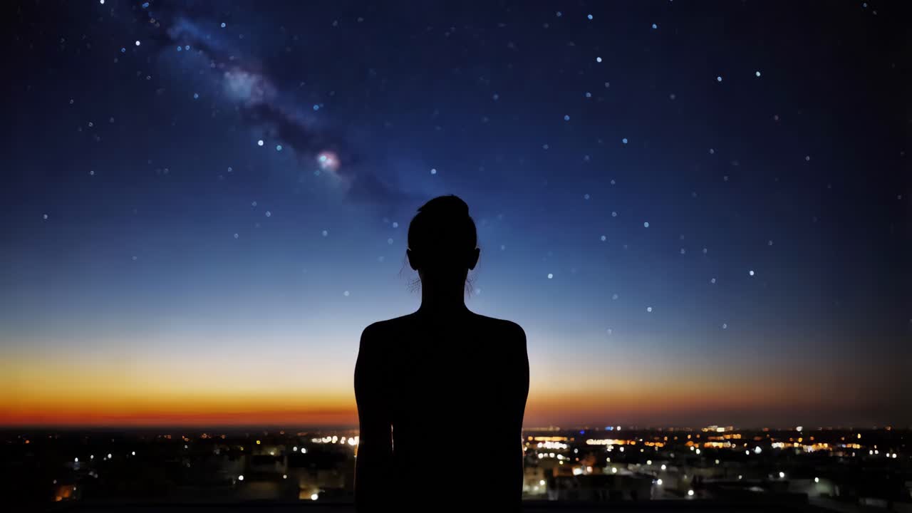 mujer contemplando el cielo nocturno sobre una ciudad al atardecer