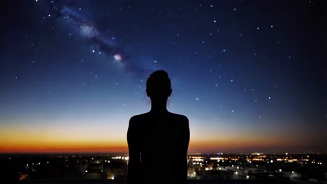 woman contemplating the night sky over a city at sunset