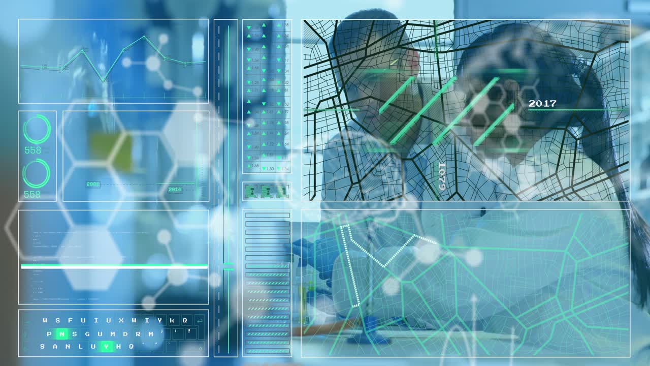 Animation of data processing over diverse scientists in lab