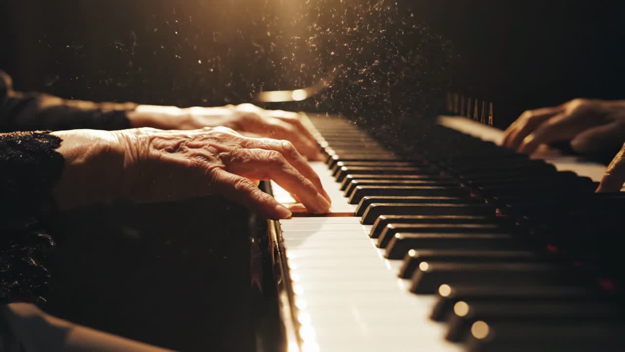 Mani di anziani che suonano i tasti del piano in una luce calda