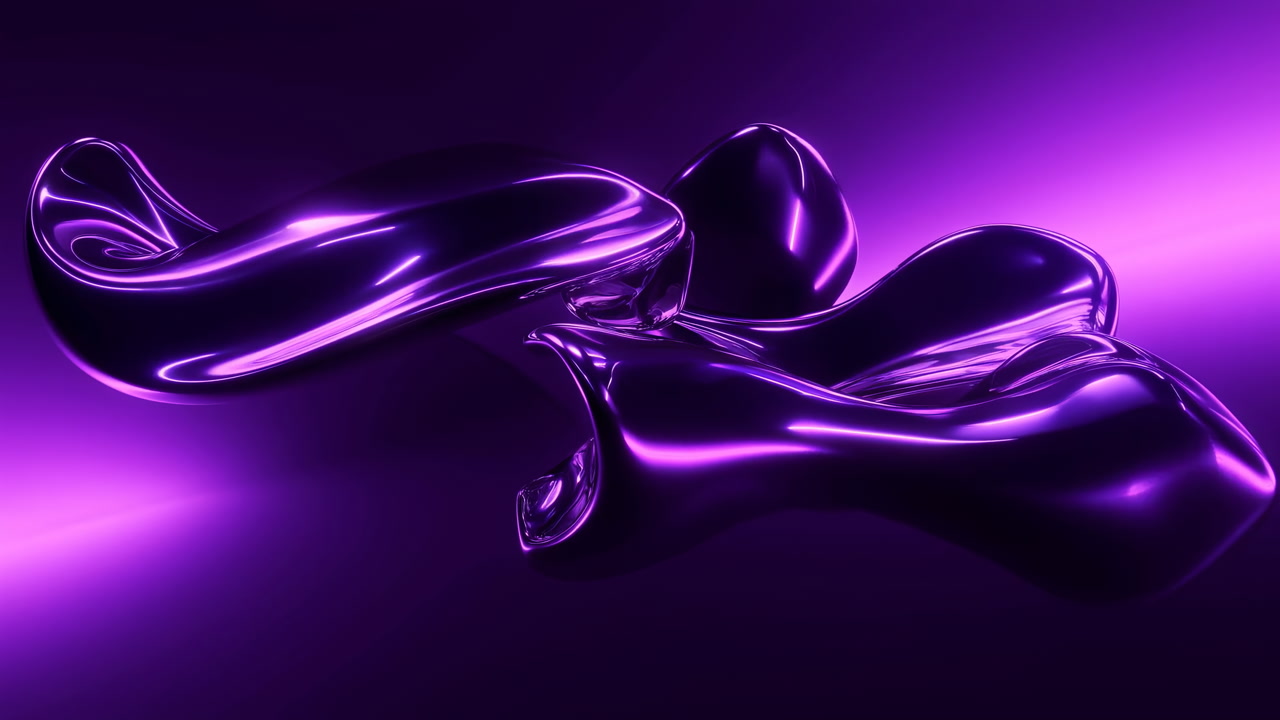 Purple Metallic Liquid Forms Glimmering In Neon Studio Lighting, Slow Motion Flow With Smooth Reflective