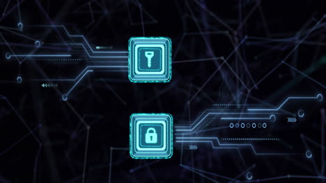 animazione dell'elaborazione dei dati con chiave di sicurezza online sulla scheda di circuito del computer