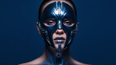 futuristic robot aesthetic: a stunning portrait of a woman in a high-tech mask and metallic body paint set against a deep blue background
