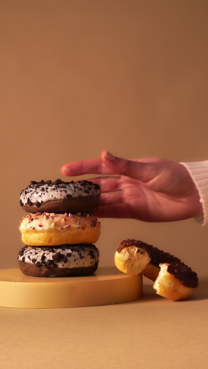 Hand placing chocolate donut with white icing and cookie crumbs onto stacked vanilla sprinkle and crumb donuts. Bite detail visible on side donut. Warm beige studio background
