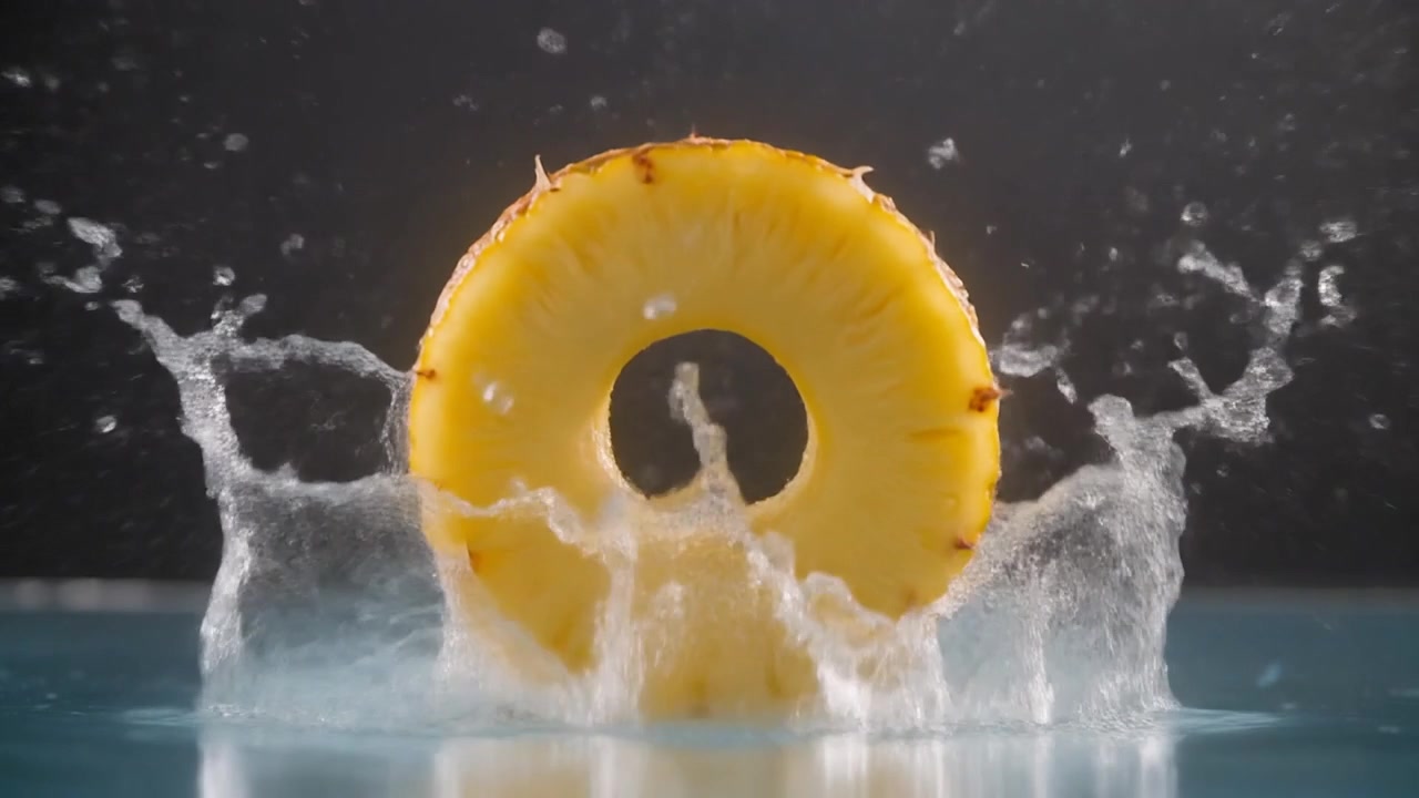 Pineapple Slice Dropping into Water Creating a Splash