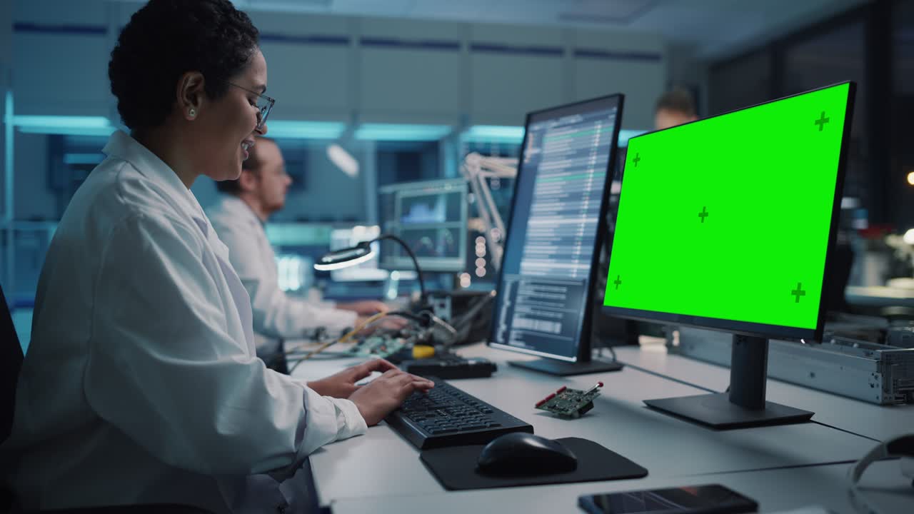 современное электронное оборудование: женщина-ученый, инженер работает над макетом компьютера с зеленым хроматическим клавишным экраном. проектирование, разработка промышленных pcb, кремниевых микрочипов, полупроводников, оборудования