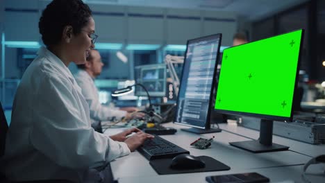 instalación electrónica moderna: mujer científica, ingeniera trabaja en la maqueta de pantalla clave de croma verde de la computadora. diseño, desarrollo de pcb industriales, microchips de silicio, semiconductores, equipos