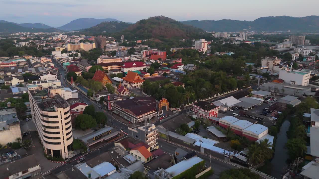 Colonial buildings glow in the morning light. Phuket, Thailand - Aerial view