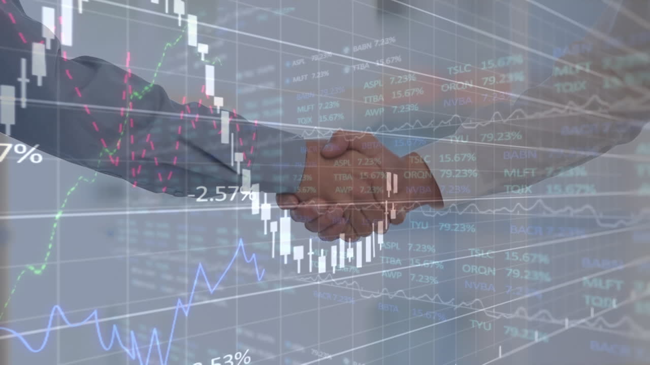 金融データ処理のアニメーション コーカシアのビジネスマンが握手している