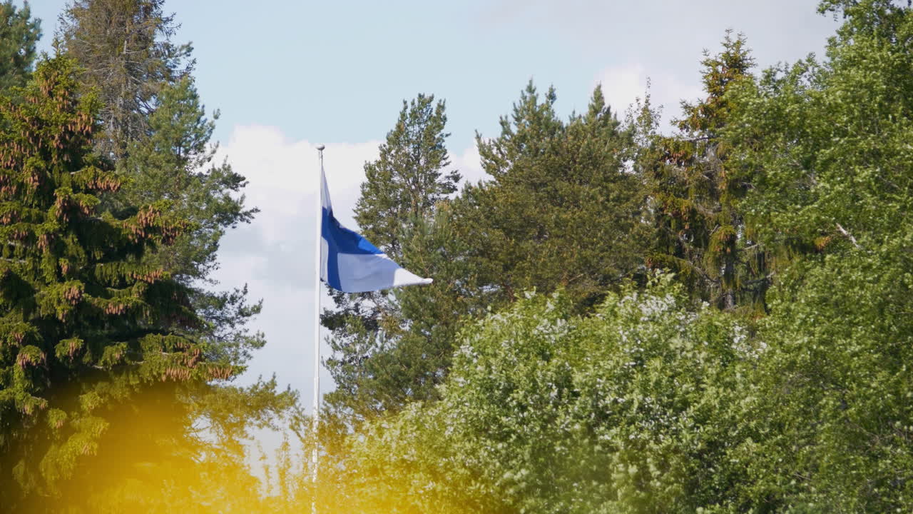 여름에 낮 동안 나무 꼭대기에서 흔들리는 핀란드의 국기