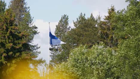 bandiera della finlandia che sventola tra le cime degli alberi durante il giorno d'estate