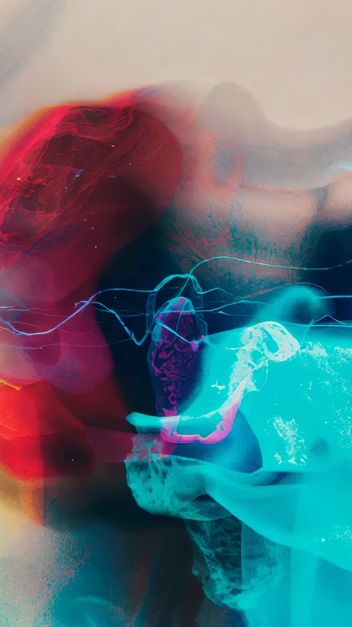 Vertical video: Playback starting, cyan ribbons expanding and curling into vortex on beige backdrop