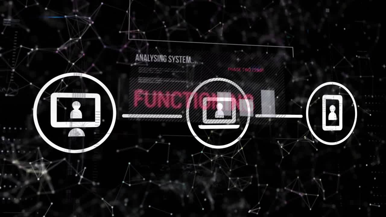 Animation of laptop, computer, phone icons forming flowchart, computer language and connected dots