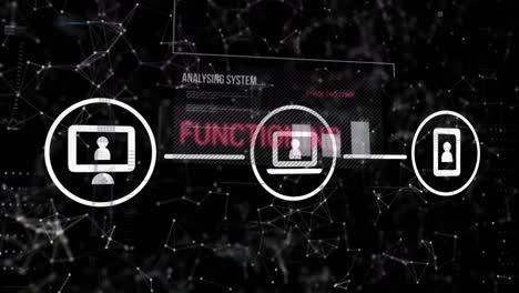 animación de iconos de portátiles, computadoras y teléfonos que forman un diagrama de flujo, lenguaje informático y puntos conectados
