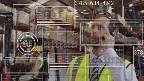 animation of data processing over caucasian male worker in warehouse