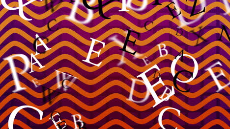 animation of black and white letters moving over pink and orange striped wave background