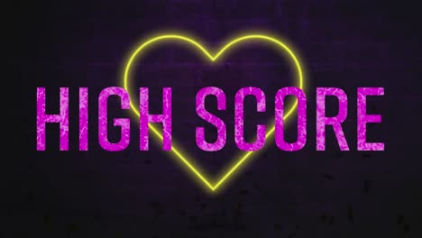 Animation-of-pink-high-score-text-banner-over-neon-yellow-heart-icon-against-grey-brick-wall