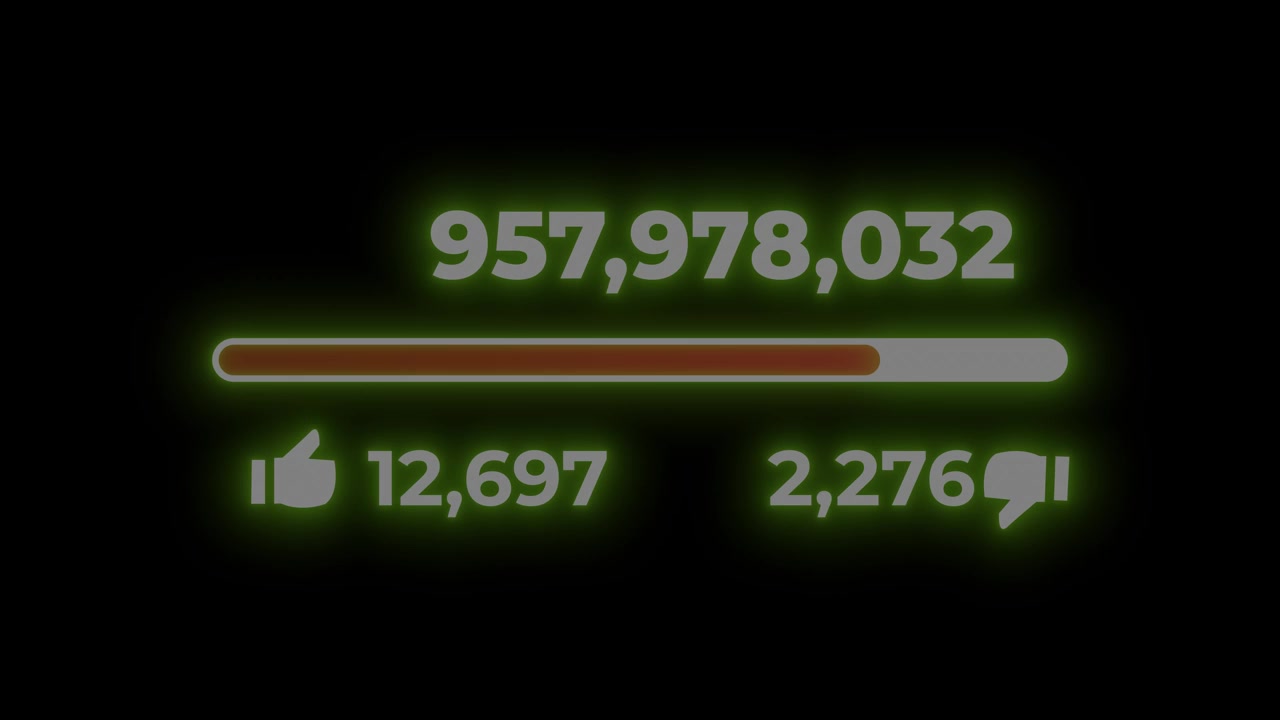 Social Media Engagement Counter Animation With Rising Numbers and Like Dislike Icons Flickering green neon glow on Black Background